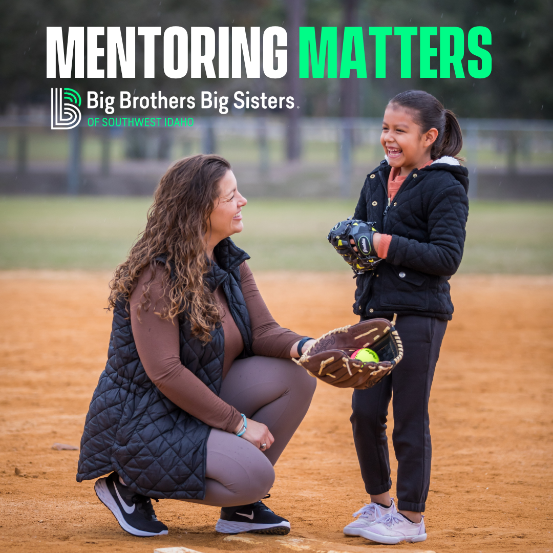 Woman and girl on a baseball diamond with text mentoring matters