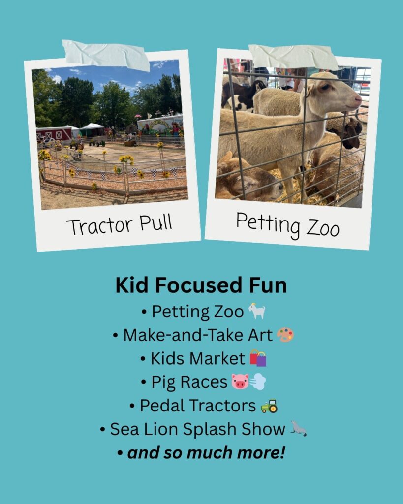 Photos of tractor pull and petting zoon with a list of kid focused fun activities