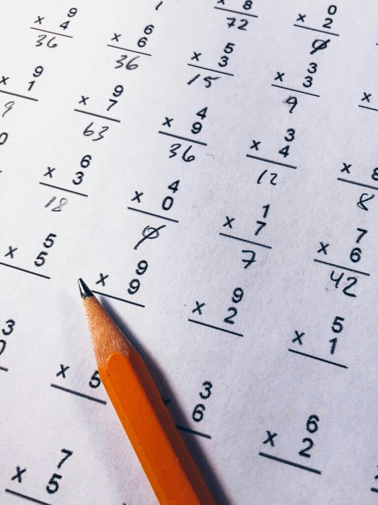 Single-digit multiplication math homework sheet with pencil on top